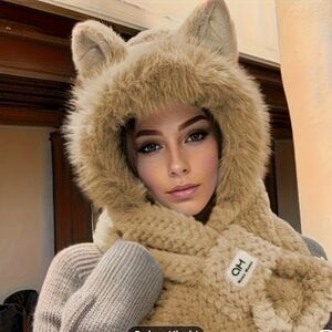 Cozy Tan Faux Fur Hooded Scarf